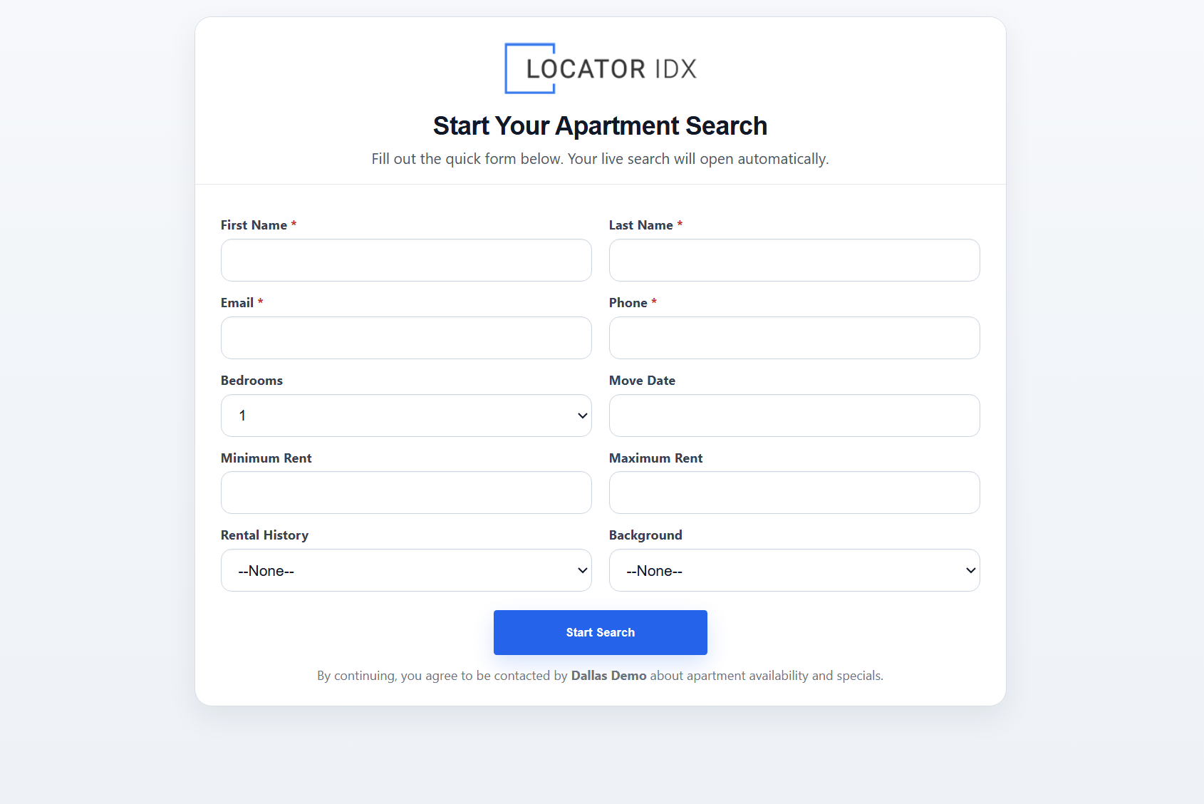 Locator IDX Online Form screenshot