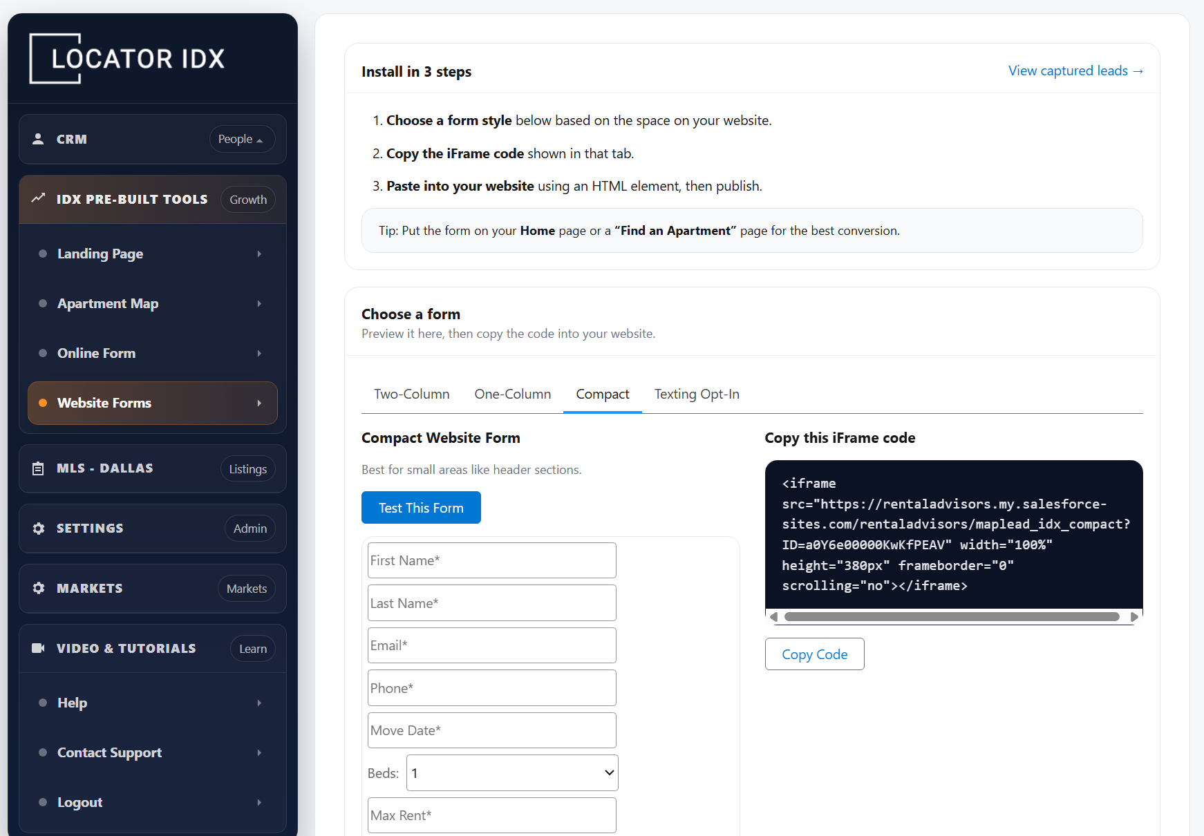 Locator IDX embedded website form screenshot